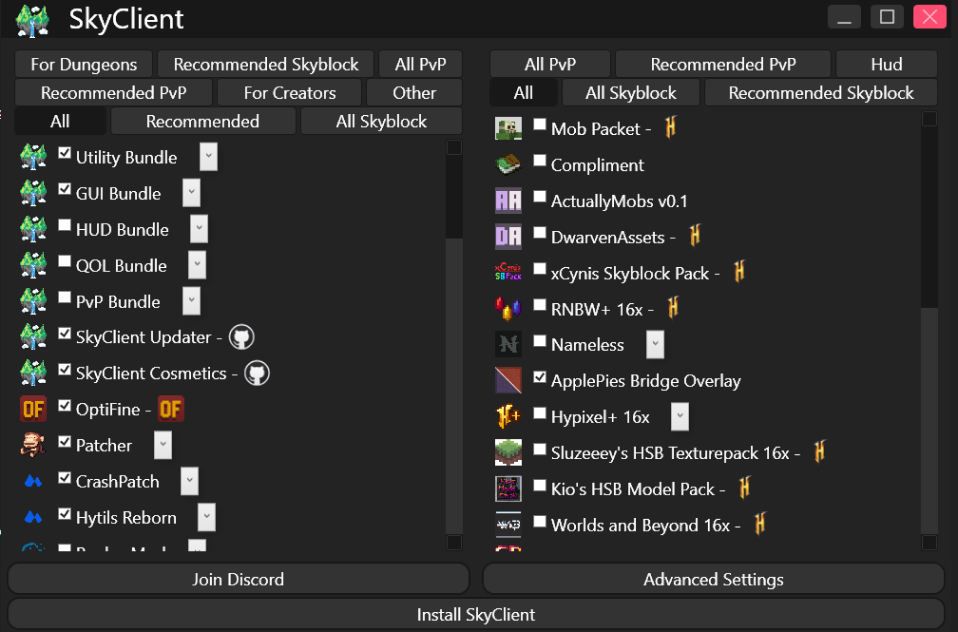 A screenshot of skyclient